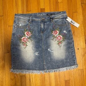 Grace Blue Denim Skirt with Floral Embroidery
